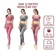 Women's gym clothes, women's aerobic yoga gym set, short sleeve shirt, long pants, 4-way stretch mat