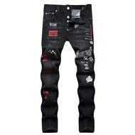 Italy Dsquared2 Brand Mens Black Jeans Mens Trend Casual Slim D2 Letter Print Ripped Denim Pants Str