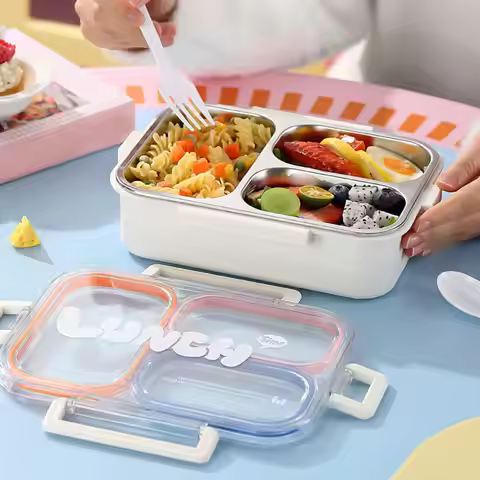 Lunch Box Stainless Steel Microwave Heating 3 Compartments Leakproof Divided Lunch Plate Lunch Conta