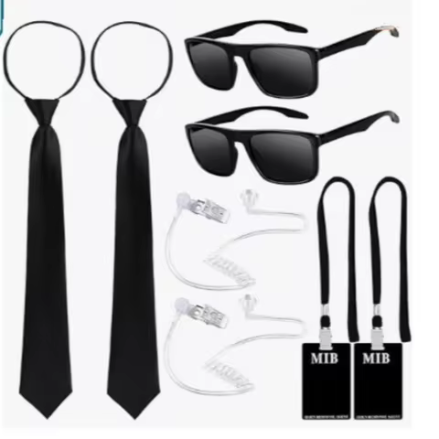 Halloween Agent Costume Set Secret Security Guard Costume Adjustable Pre-Tied Zipper Tie ID Badge Pr
