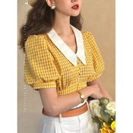 Ready Stock MILI Retro Hong Kong Style Vintage Plaid Puff Sleeve Shirt Chic French v-Neck Design Hot