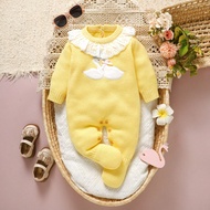 1pc Newborn Baby Pink Sweater Romper, Lace Collar Long Sleeve Bodysuit With Swan Embroidery, Sweet &