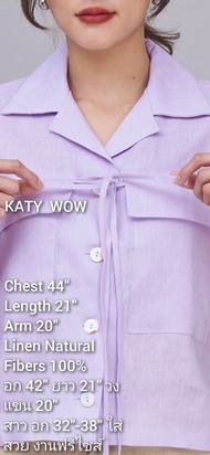 AT Yvv เสื้อคอปก ฮาวาย เสื้อเชิ้ต ผ้าลินินแท้ 100%  แต่งกระเป๋าหน้าผูกโบ แขนสั้น อก 44 ยาว 21 วงแขน 