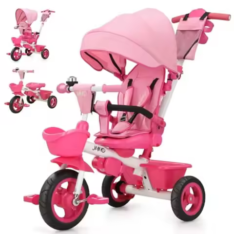 7 in 1 Tricycle Stroller with Push Handle for 18 Months to 5 Years Pink 360 Swivel Seat Reclining Ba