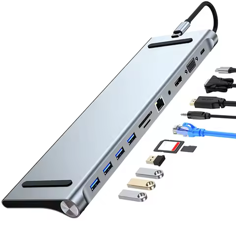 11 in 1 USB C Dock with 4K HDMI-Compatible VGA Ethernet Multiport Adapter 1* USB 3.0 3*USB2.0 for Su
