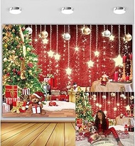 Red Christmas Backdrop Xmas Tree Gifts Shining Stars Gold Ball Santa Claus Photo Background Holiday Family Christmas New Year Birthday Party Decoration 8x6FT
