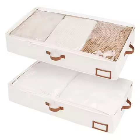 Foldable Underbed Organizer, Bedroom Blanket Clothes Quilt Storage Bag with Clear Window and 4 Handl