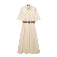 Woman beige waist belt dress/beige dress with waist