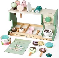 Wooden Ice Cream Toy, 3-in-1 Ice Cream Counter with Coffee Maker 28 PCS Toddler Pretend Play Kitchen Accessories Wooden Toys for 3 4 5 6 Year Old Girl or Boy (Ice Cream)