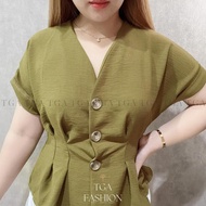 Crinkle Button Vneck Blouse | TGA Fashion Grosir