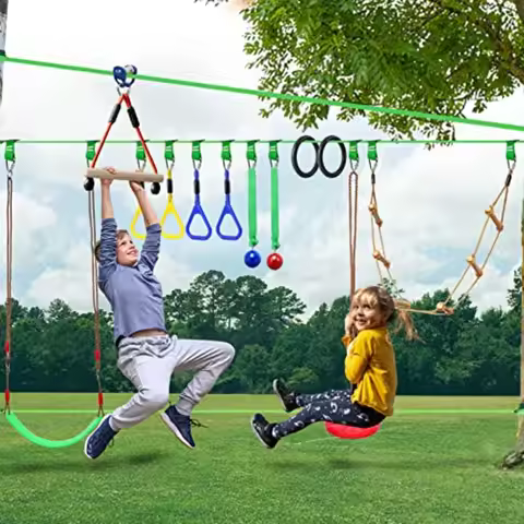 2-in-1 Ninja Warrior Obstacle Course with Zip Line for Adults Transformable Backyard Slackline Kit O