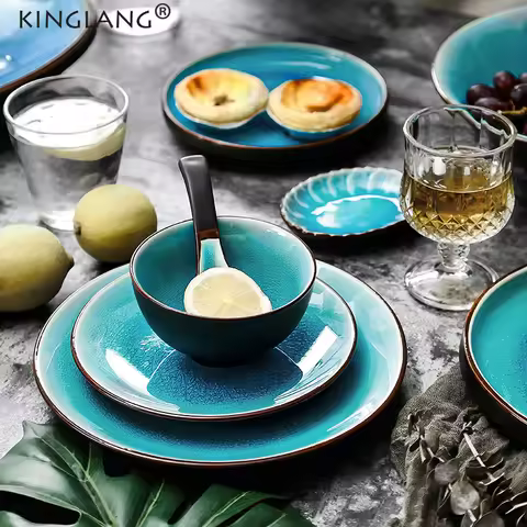 KINGLANG Ice Cracking Glaze Ceramic Tableware Rice Bowls Eating Dishes Porcelain Blue Color Dinner P