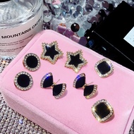 S925 Silver Needle Black Clover Ear Studs Korean Style Simple Diamond Heart Square Earrings