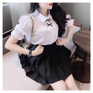 [Gloria Shop] Áo Sơ Mi Nữ Trắng Cộc Tay Đính Nơ Cổ Tròn Bo Tay Ngắn Siêu Xinh