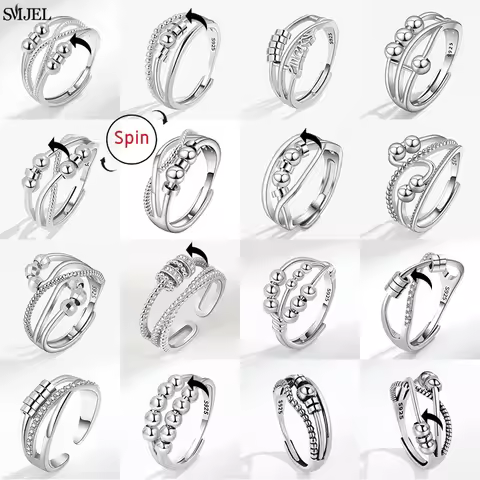 Punk Beads Anxiety Fidget Rings Adjustable for Couples Silver Color Metal Balls Anti Stress Spinner 