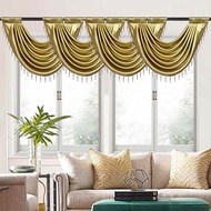 Luxury Gold Swag Curtain Valance with Beads Customized for Living Room European Style Head Scalloped Swag Valance Metallic Look for Bedroom Rod Pocket 1 Piece