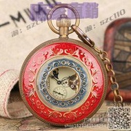 【免運】復古純銅陀飛輪機械大懷錶鏤空個性藍紅面雕刻花紋機械錶