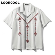 KEMEJA LOOKCOOL White Camp Collar Shirt with Aztec Premium Ethnic Motif