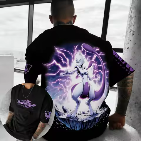 Pokémon Men's and Women's Summer Pure Cotton T-shirt 2026 New Mewtwo Printed Street Hip Hop Casual L