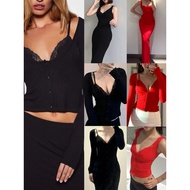 Skims Soft Lounge Lace Tank Top Long Sleeves Maxi Dress Red Black