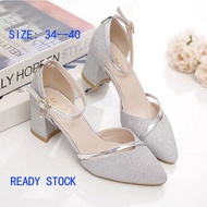 【READY STOCK】High heels New sequined wedding shoes All-match thick heels Buckle bridesmaid medium he