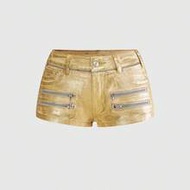 Y2K Baddie Music Festival Outfit Silver Foil Shiny Women's Super Low-Rise Denim Mini Shorts