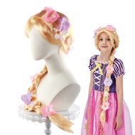 Kids Rapunzel Braid Wig Blonde Long Braid Rapunzel Princess Wig with Flowers Wig for Cosplay Party B