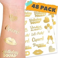 CORRURE 48pcs Birthday Tattoos - Gold Temporary Tattoos Metallic for Women and Men - Happy Birthday 