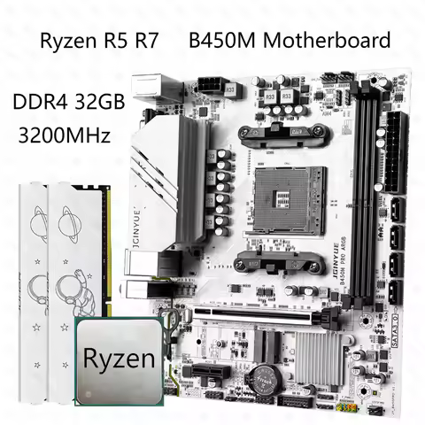 JGINYUE B450M Motherboard Set with Ryzen R5 R7 Processors 32GB DDR4 3200 Dual Channel Memory Support