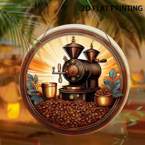 2D Flat - 1 Vintage Coffee Roaster and Beans Round Wooden Sign | 2D Flat Printed, Easy-to-Hang for H