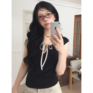 Amyway【甜美少女】韩系复古蝴蝶结波点系带T恤女纯欲风短袖上衣Amyway [Sweet Girl] Korean Recovery  mchudr688.my20260412