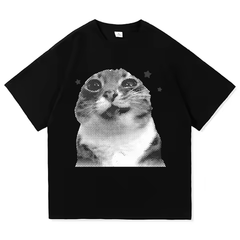 Women's T-shirts, Y2K Style, Fun Cat Emoji T-shirts, "I Do Not Think, Therefore I Do Not Exist," Har