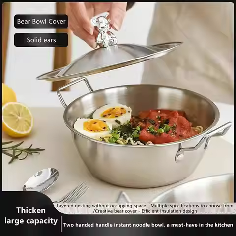 【Stainless Steel Salad Bowl Boiling Pot Instant Noodle Bowl Korean Rice Wine Bowl With Double-ear Ha