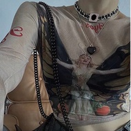 เสื้อยืด คอกลม แขนยาว ซีทรู พิมพ์ลาย