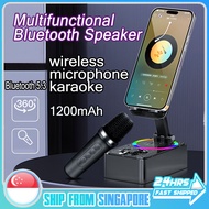 SG【READY STOCK】Mini Portable Karaoke Microphone Wireless Bluetooth speaker with phone stand Speaker With 2pcs Mic KTV Portable Speaker Box Microphone System