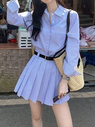 W. Shop เดรสเสื้อเชิ้ตลายทาง สไตล์เกาหลีchicชุดพลีทที่มีสไตล์