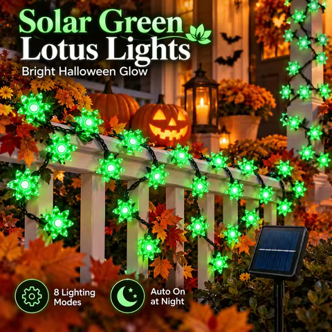 Halloween Garden Lights Solar Lotus Flower Fairy Lights 20/50/100LED 8 Modes Auto On for Yard Patio 