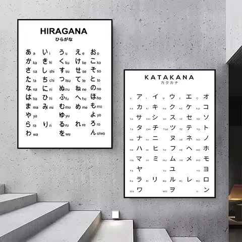 Hiragana and Katakana Chart Art Black White Japanese Alphabet Poster Japan Picture Canvas Painting A