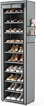 VTRIN Vertical Narrow Shoe Rack Organizer Tall Shoe Rack for Closet Entryway 10 Tier Non-Woven Cover Shoe Shelf Holds 20-22 Pairs Free Standing Shoe Storage Cabinet with Dustproof Cover, Grey