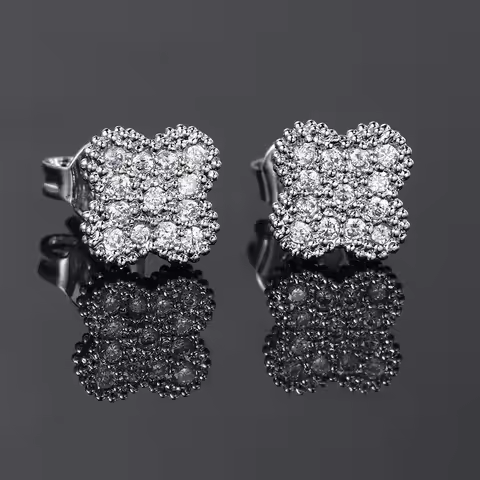 Lucky Clover Petal Earrings For Women Men hip-hop Iced Out Zirconia Blingbling Silver Color Stud Ear