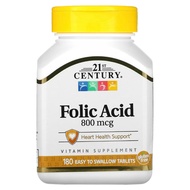 21st Century Folic Acid, 800 mcg, 180 Easy to Swallow Tablets, Heart Health Support Folate Vitamin B