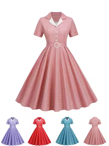 Plaid Vintage Office Lady Summer Dresses Women 2026 Fashion Retro 50s 60s 70s Swing Pinup Rockabilly