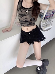 กางเกงขาสั้นยีนส์ทรงหลวมเอวต่ำ กางเกงขายาวทรงขาบานสำหรับผู้หญิง ทรงสลิมฟิต ฤดูร้อน 2024 ผ้าเดนิมสีดำ