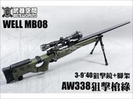 【武雄】WELL MB08 AW338手拉空氣狙擊槍綠可折托 附3-940狙擊鏡快拆伸縮腳架CAWMB08O