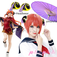 P15p59คอสเพลย์ Gintama Kagura,คอสเพลย์ Kagura วิกผมปลอมผมและหมวกผู้หญิงสีส้มอุปกรณ์ประกอบคอสเพลย์ฮัล