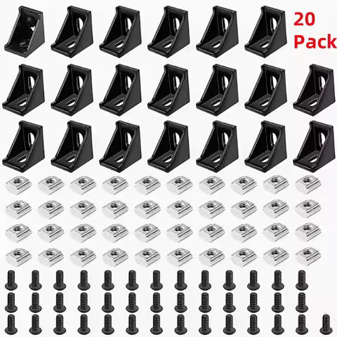 20 Sets of Aluminum Corner Brackets, Aluminum Profile Connectors, T-Shaped Slider Nuts, Black Alumin