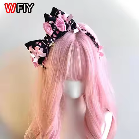 Women Black Pink 3D Bow KC Headband Polka Dot Heart Plaid Picot Lace Handmade Splicing Hair HoopY2K 