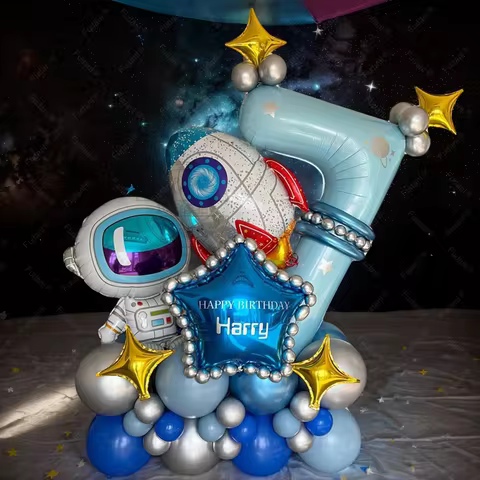 52pcs Astronaut Rocket Balloon Blue Space Theme Number Balloon Set Birthday Party Decoration Childre