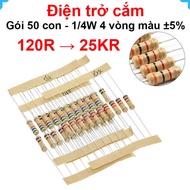 [Wholesale combo] (50 pieces) Plug-in resistor 1/4W 4 color rings ±5% - value 120R to 25KR