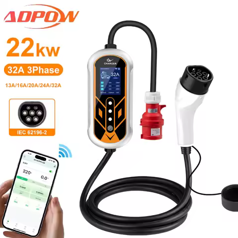 ADPOW Portable 32A Type2 EV Chargers 3Phase 22KW Red 5Pins CEE Plug 5M Cable WIFI APP Control Electr